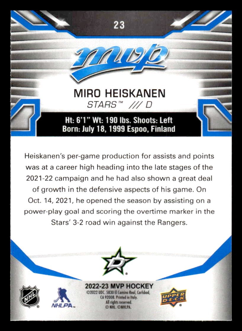 2022-23 Upper Deck MVP #23 Miro Heiskanen Blue Script