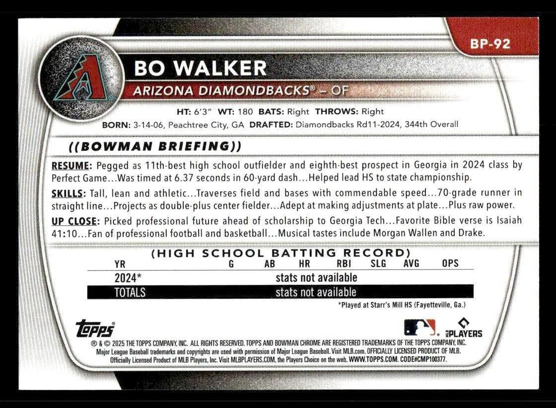 2025 Bowman #BP-92 Bo Walker Prospects