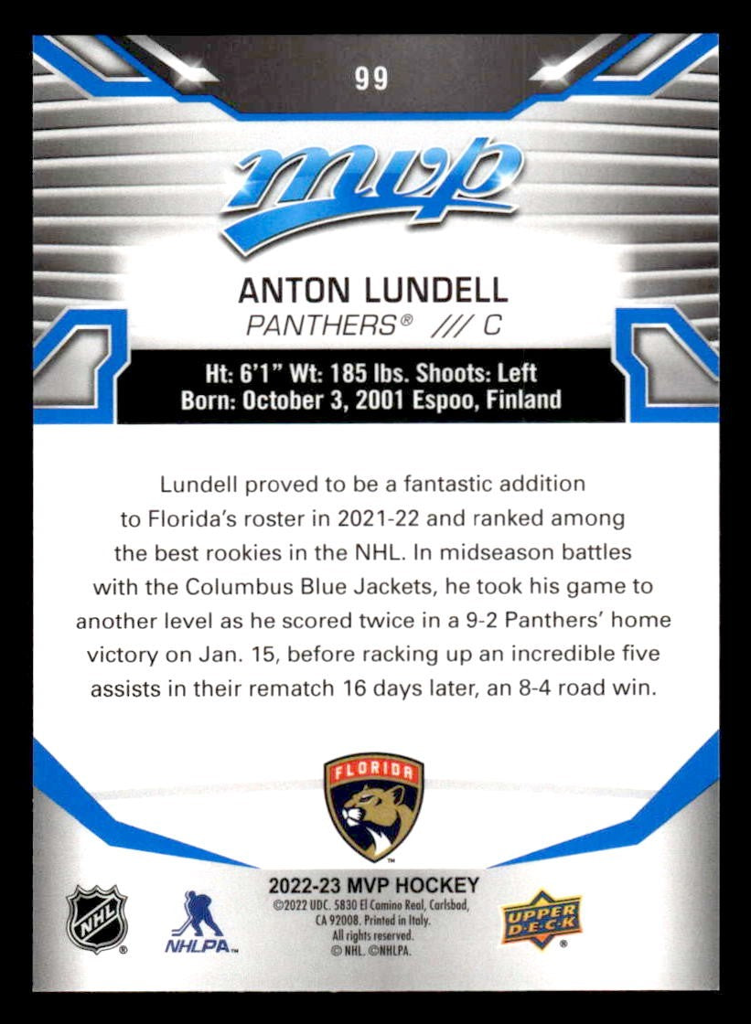 2022-23 Upper Deck MVP #99 Anton Lundell Blue Script