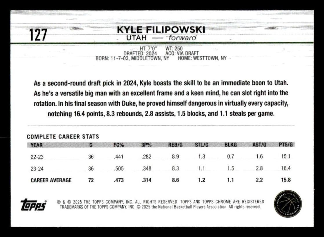 2024-25 Topps Chrome #127 Kyle Filipowski Negative Refractor