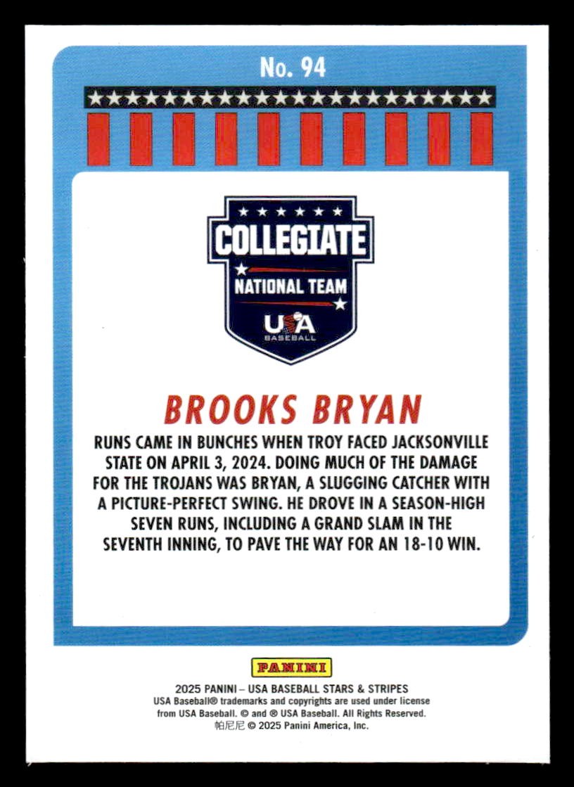 2025 Panini Stars and Stripes USA Baseball #94 Brooks Bryan