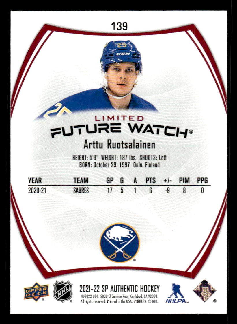 2021-22 SP Authentic #139 Arttu Ruotsalainen Limited Red