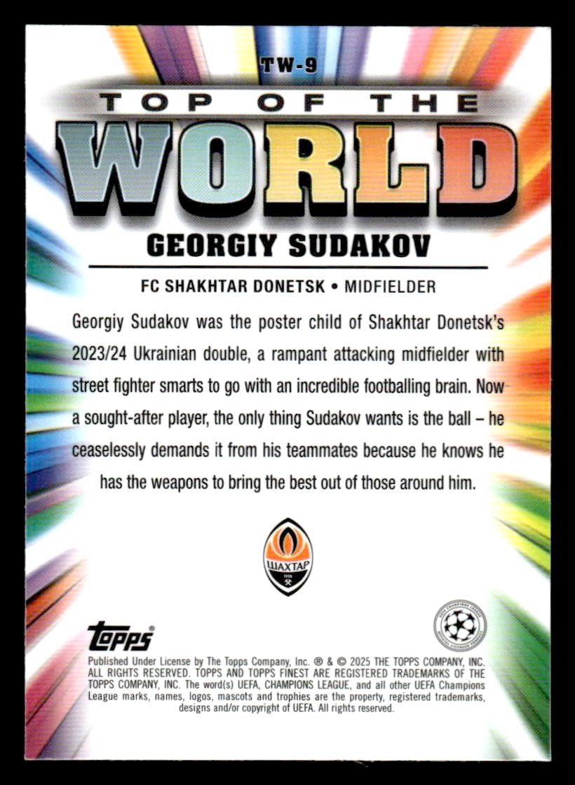 2024-25 Topps Finest UEFA Club Comp #TW-9 Georgiy Sudakov Top of the World