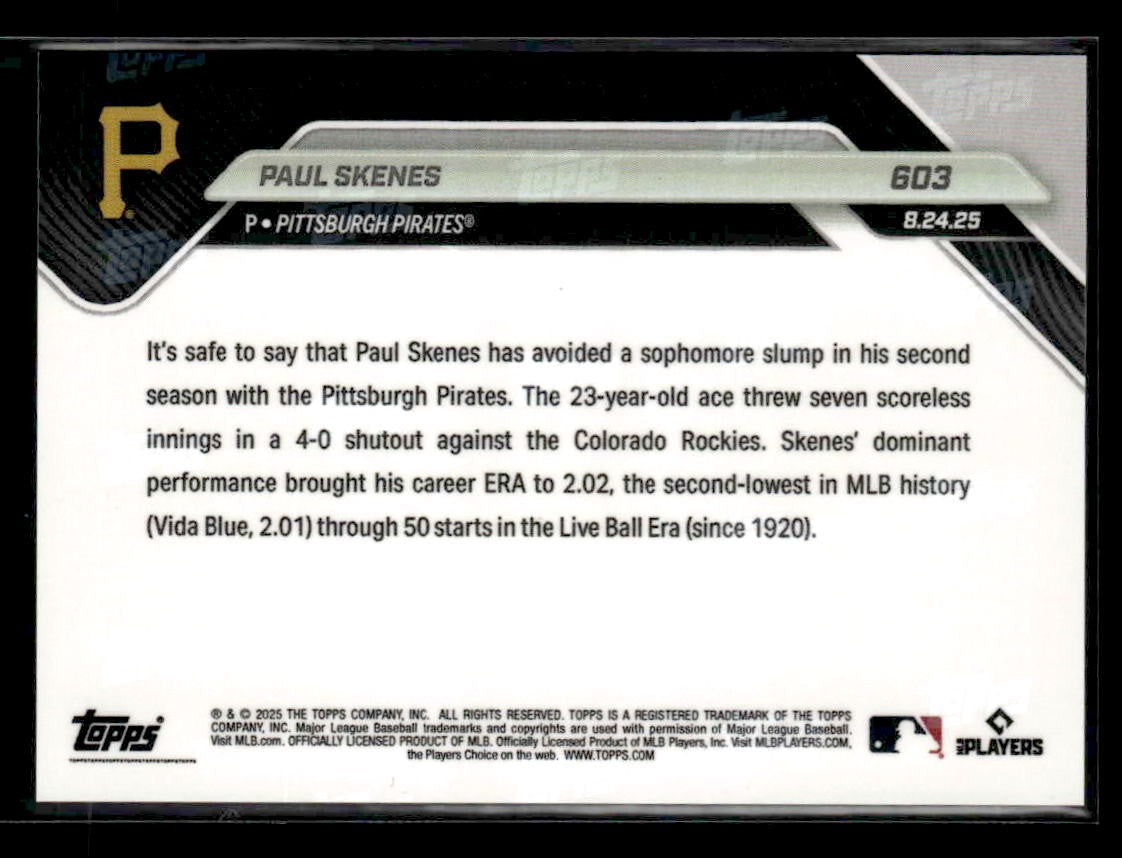 2025 Topps Now #603 Paul Skenes 2nd Lowest ERA in History Through 50 Starts