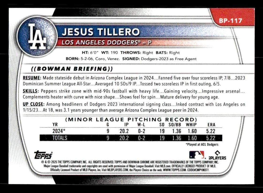 2025 Bowman #BP-117 Jesus Tillero Prospects