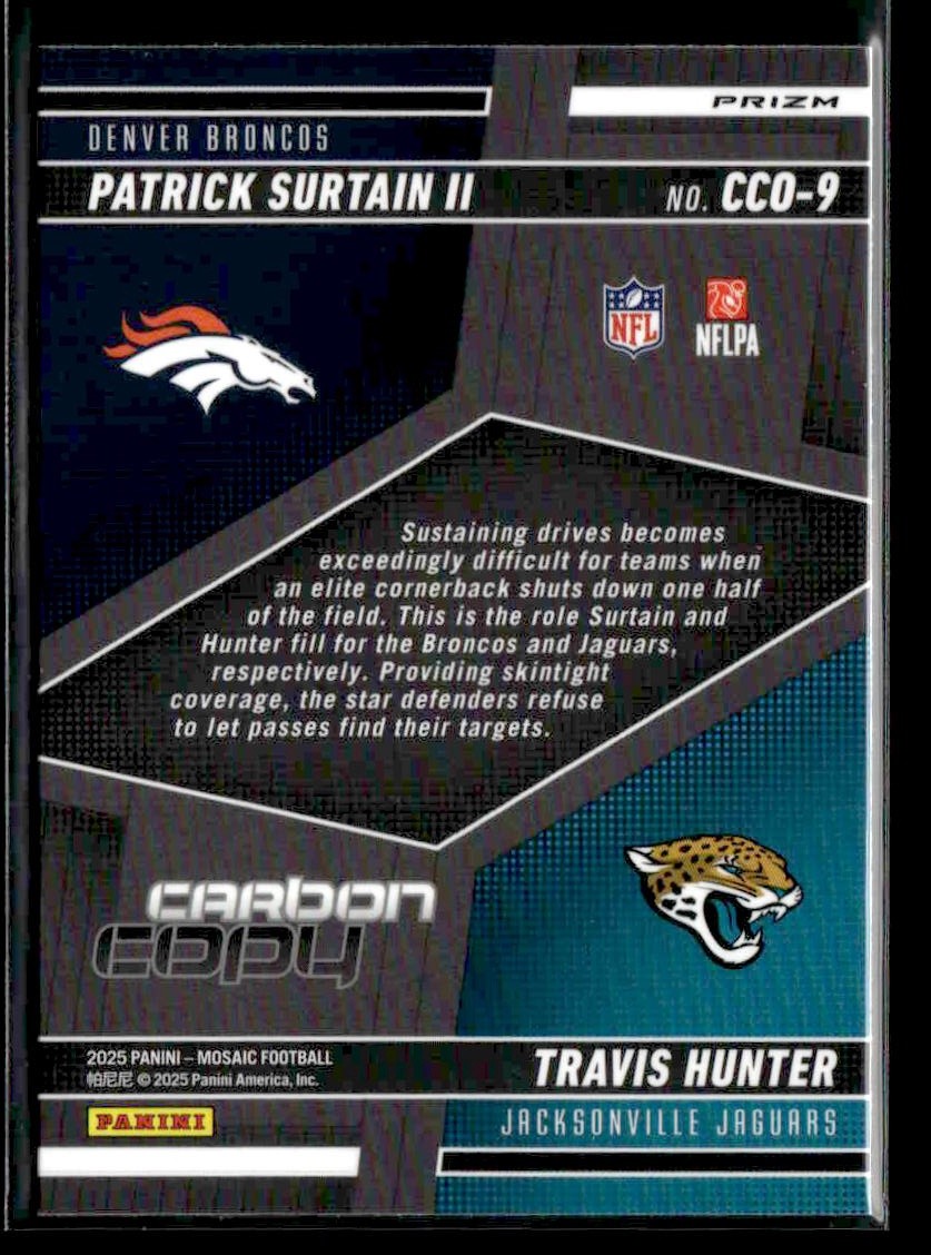 2025 Panini Mosaic #1 Patrick Surtain II/Travis Hunter Carbon Copy Silver