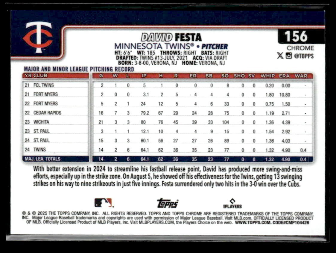 2025 Topps Chrome Logofractor Edition #156 David Festa Green Refractor #/99