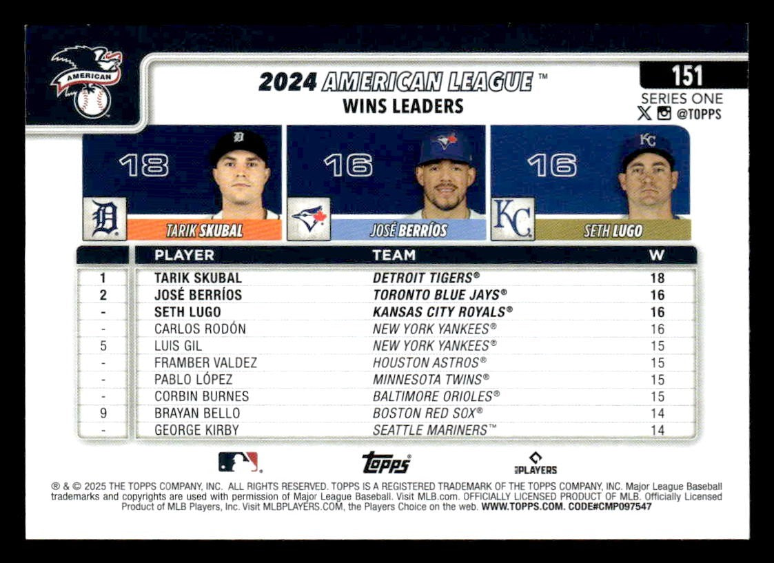 2025 Topps #151 Amer Lgue Lead Wins (Tarik Skubal / José Berríos / Seth Lugo)