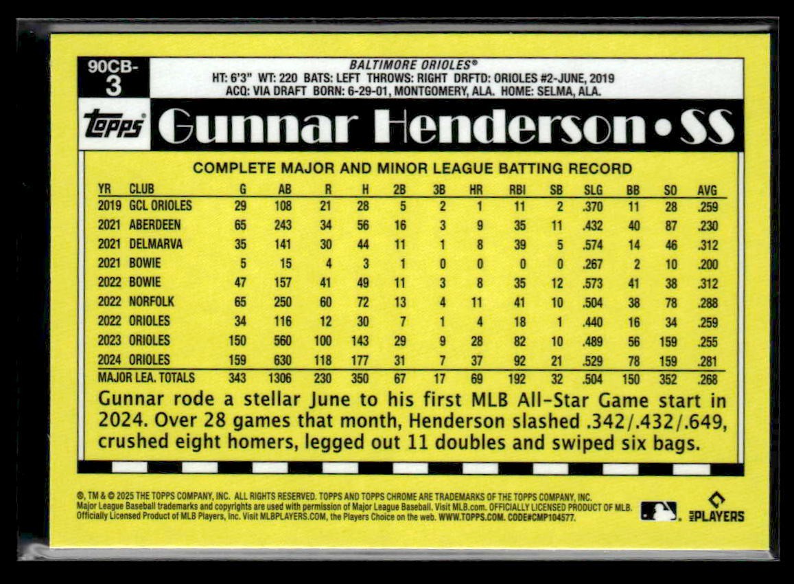 2025 Topps Chrome #90CB-3 Gunnar Henderson 1990 Topps Baseball 35th Anniversary