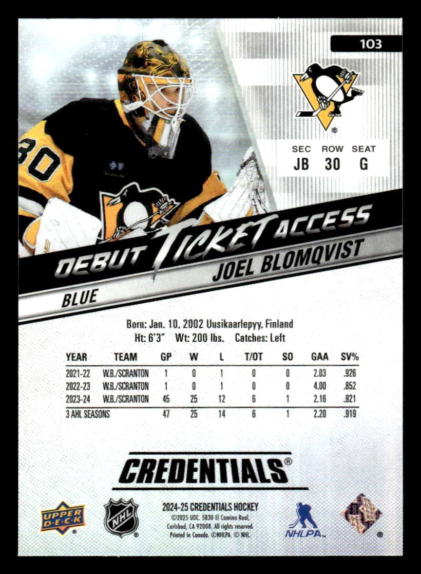 2024-25 UD Credentials #103 Joel Blomqvist Debut Ticket Access Blue #348/399