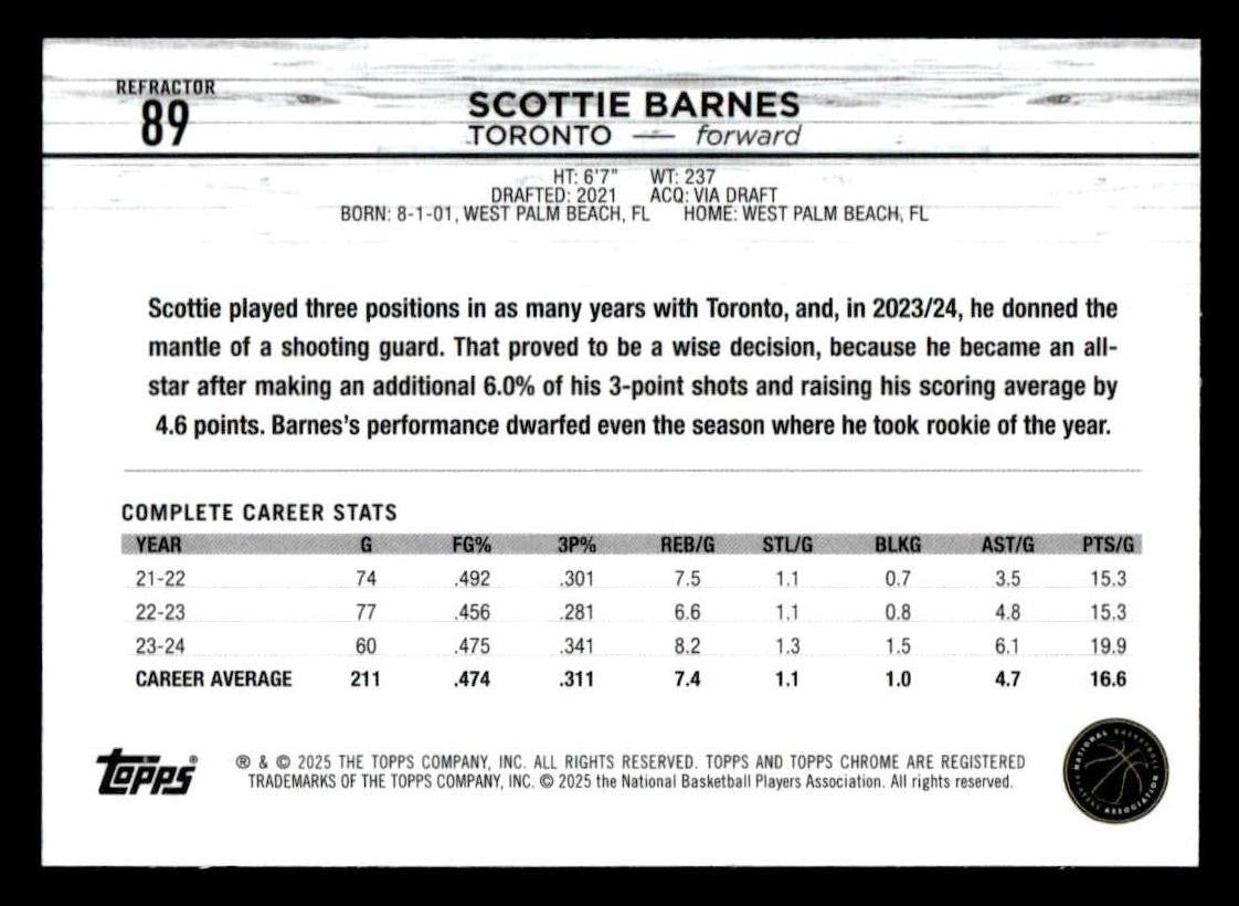 2024-25 Topps Chrome #89 Scottie Barnes Refractor