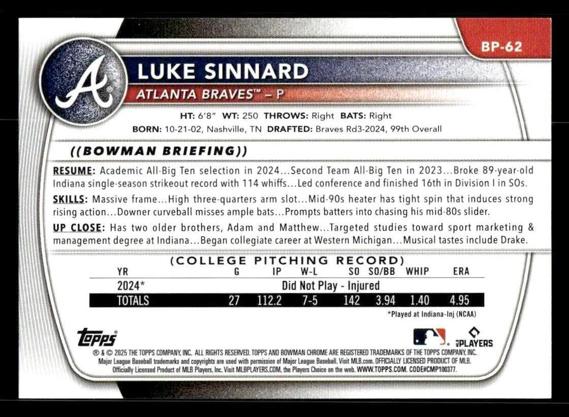 2025 Bowman #BP-62 Luke Sinnard Prospects