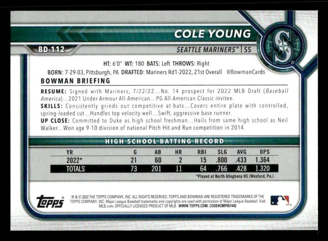 2022 Bowman Draft 1st Edition #BD-112 Cole Young