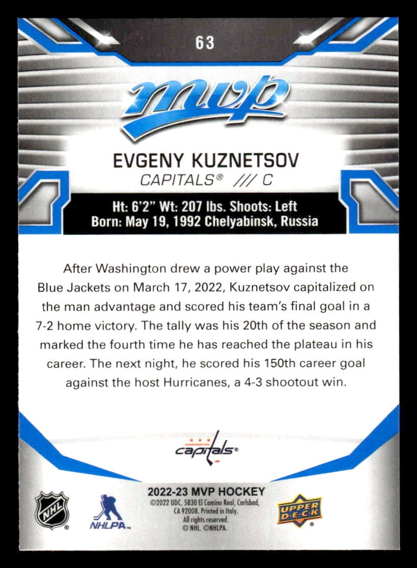 2022-23 Upper Deck MVP #63 Evgeny Kuznetsov Blue Script