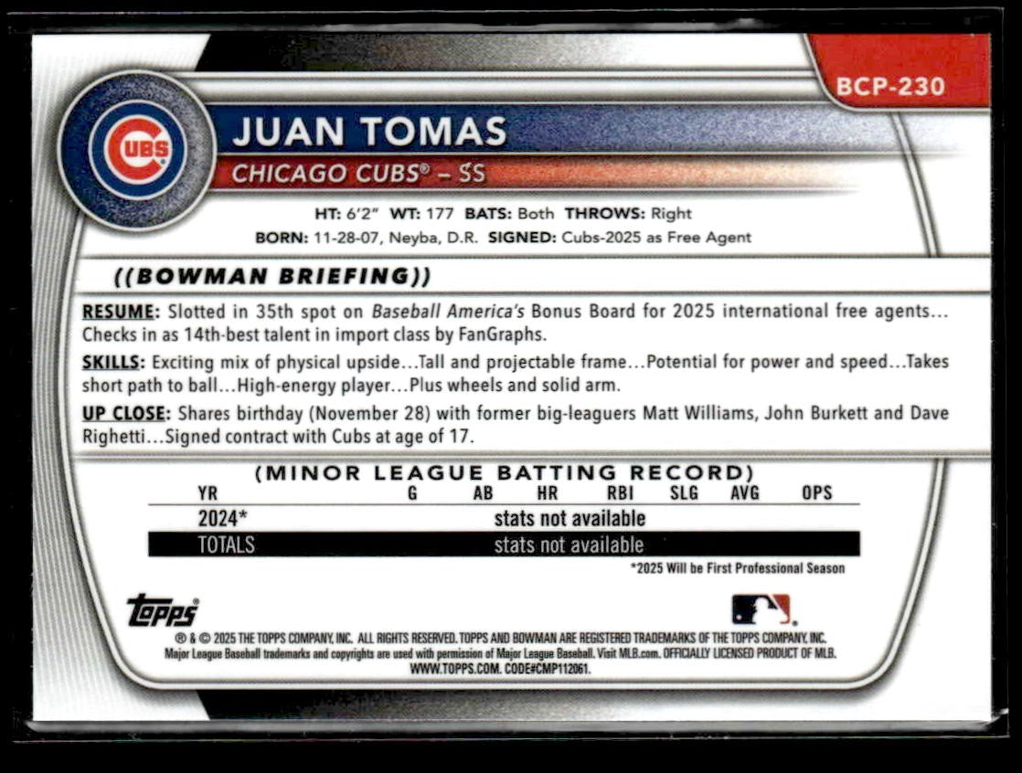 2025 Bowman Chrome #BCP-230 Juan Tomas