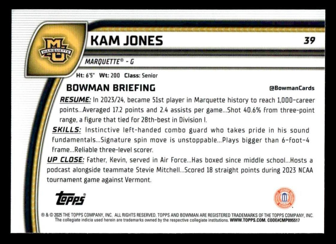 2024-25 Bowman University Chrome #39 Kam Jones