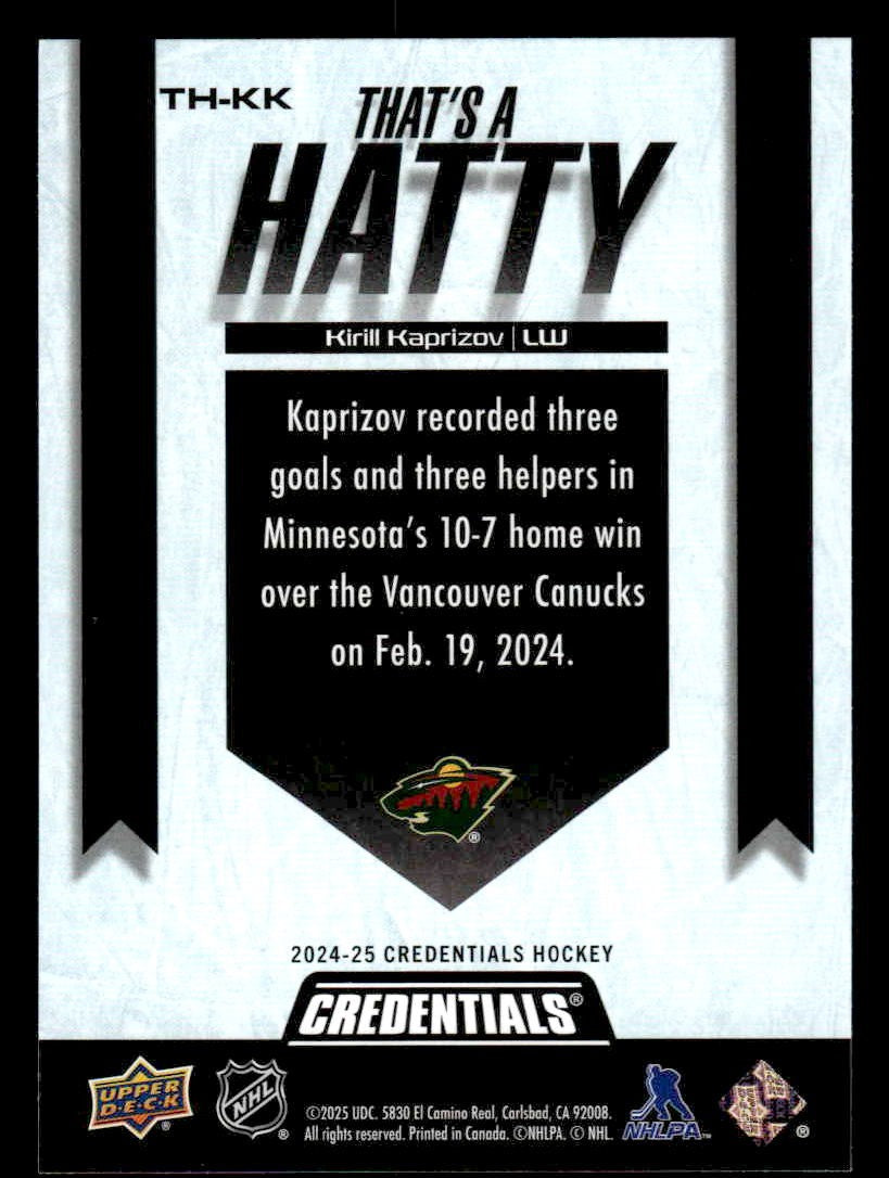 2024-25 Upper Deck Credentials #TH-KK Kirill Kaprizov That's A Hatty