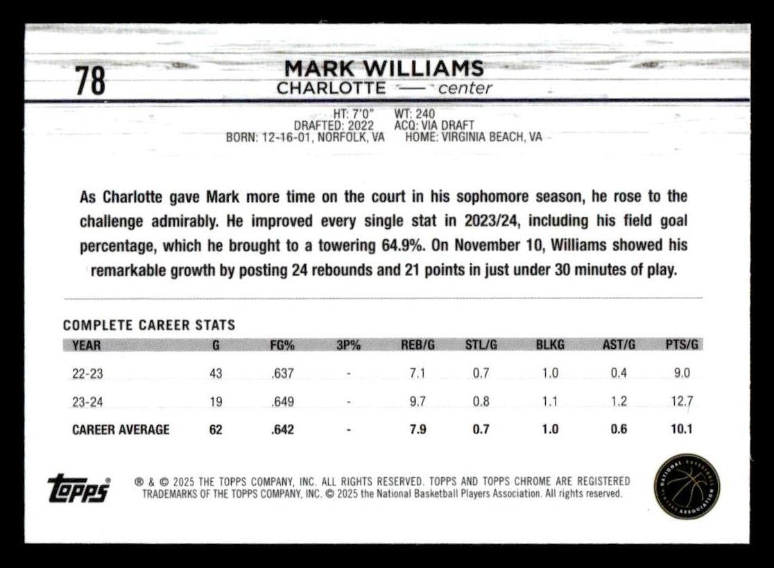 2024-25 Topps Chrome Sapphire #78 Mark Williams