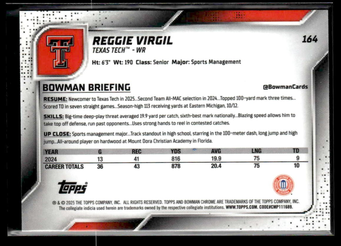 2025 Bowman University Chrome #164 Reggie Virgil