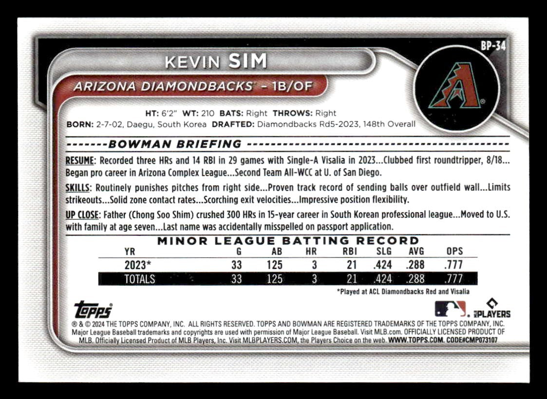 2024 Bowman #BP-34 Kevin Sim Prospects