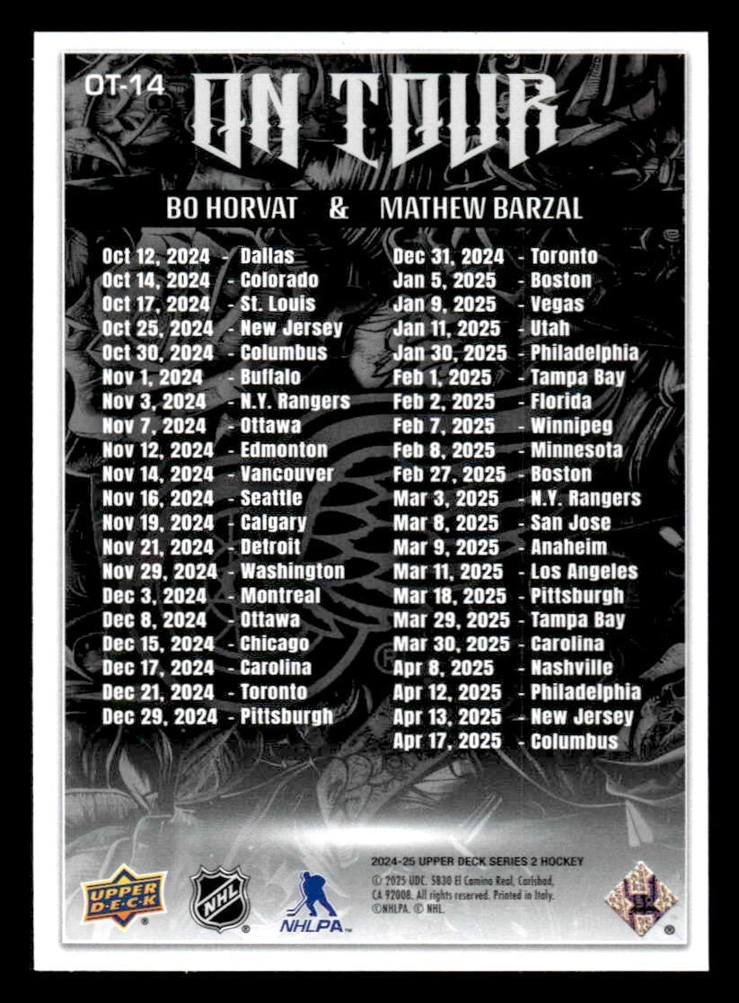 2024-25 Upper Deck #OT-14 Bo Horvat / Mathew Barzal On Tour