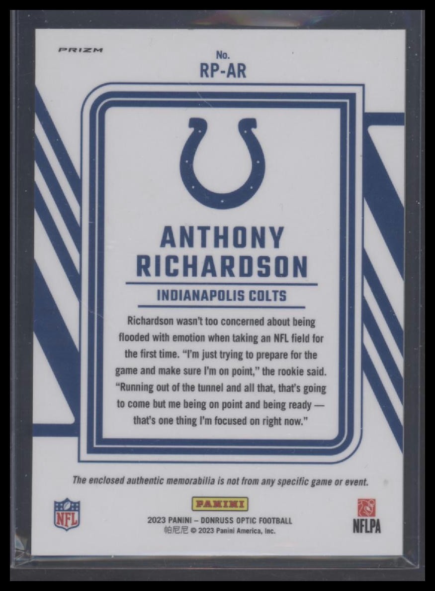 2023 Donruss Optic #RP-AR Anthony Richardson Rookie Phenom Blue Hyper