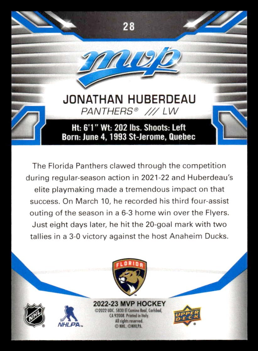 2022-23 Upper Deck MVP #28 Jonathan Huberdeau Blue Script
