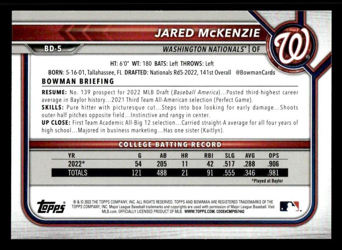 2022 Bowman Draft 1st Edition #BD-5 Jared McKenzie Blue Foil 078/150