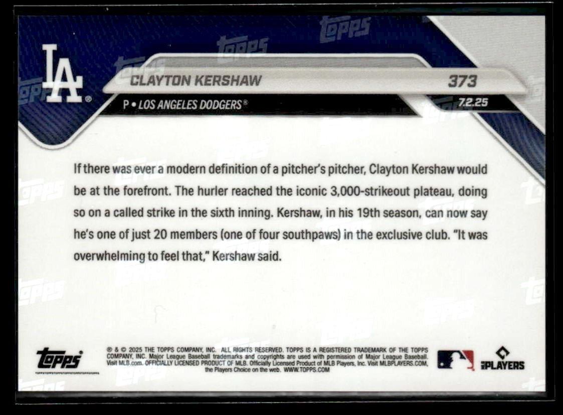 2025 Topps Now #373 Clayton Kershaw 20th All-Time to 3,000-K Milestone