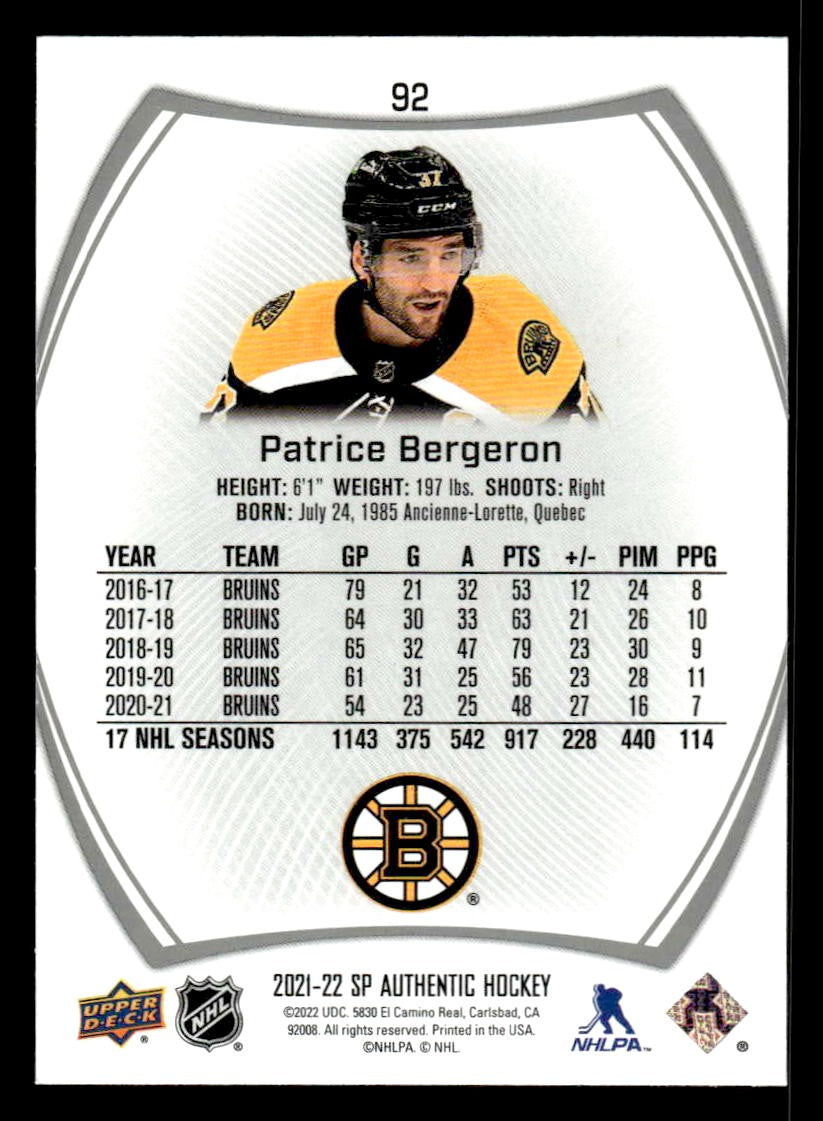 2021-22 SP Authentic #92 Patrice Bergeron