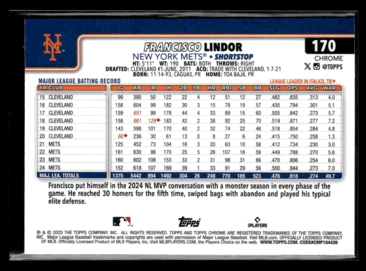 2025 Topps Chrome #170 Francisco Lindor Prism Refractors