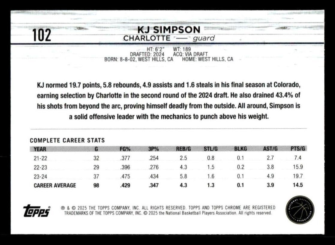 2024-25 Topps Chrome #102 KJ Simpson