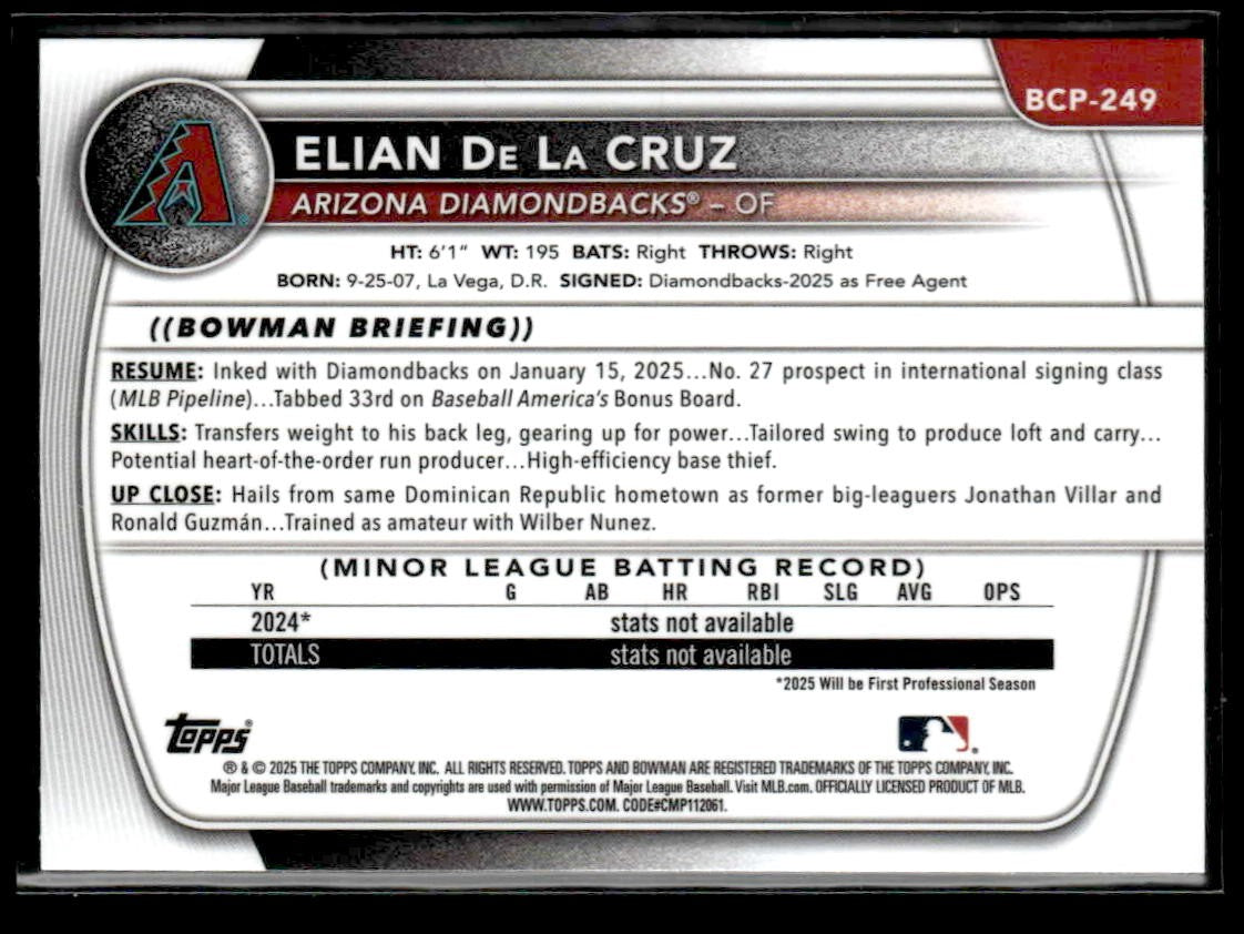 2025 Bowman Chrome #BCP-249 Elian De La Cruz Shimmer Refractor