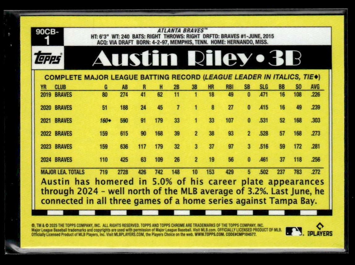 2025 Topps Chrome #90CB-1 Austin Riley 1990 Topps Baseball 35th Anniversary