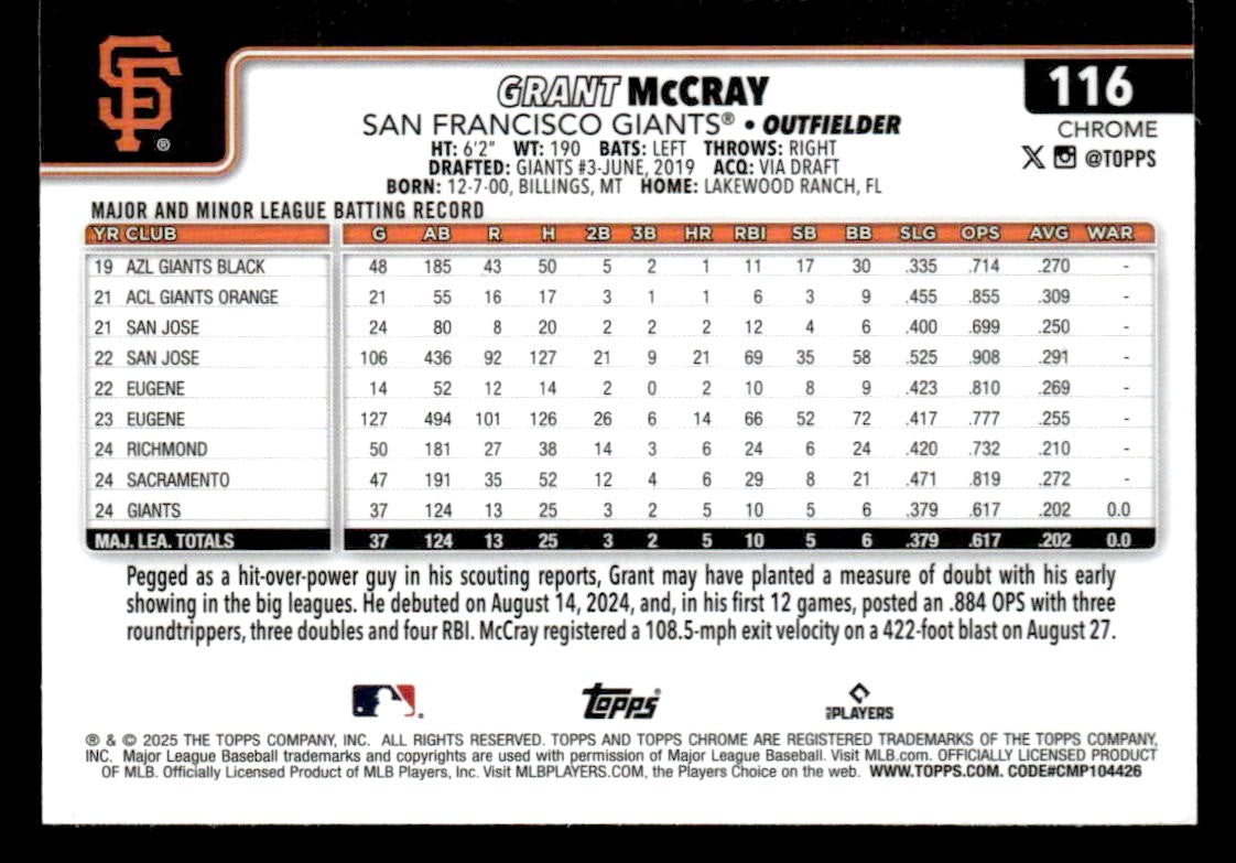 2025 Topps Chrome #116 Grant McCray