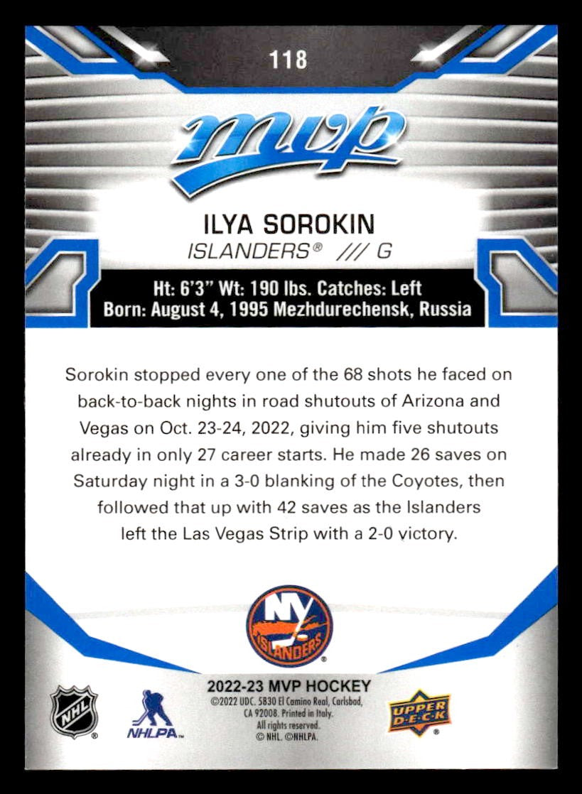 2022-23 Upper Deck MVP #118 Ilya Sorokin Blue Script