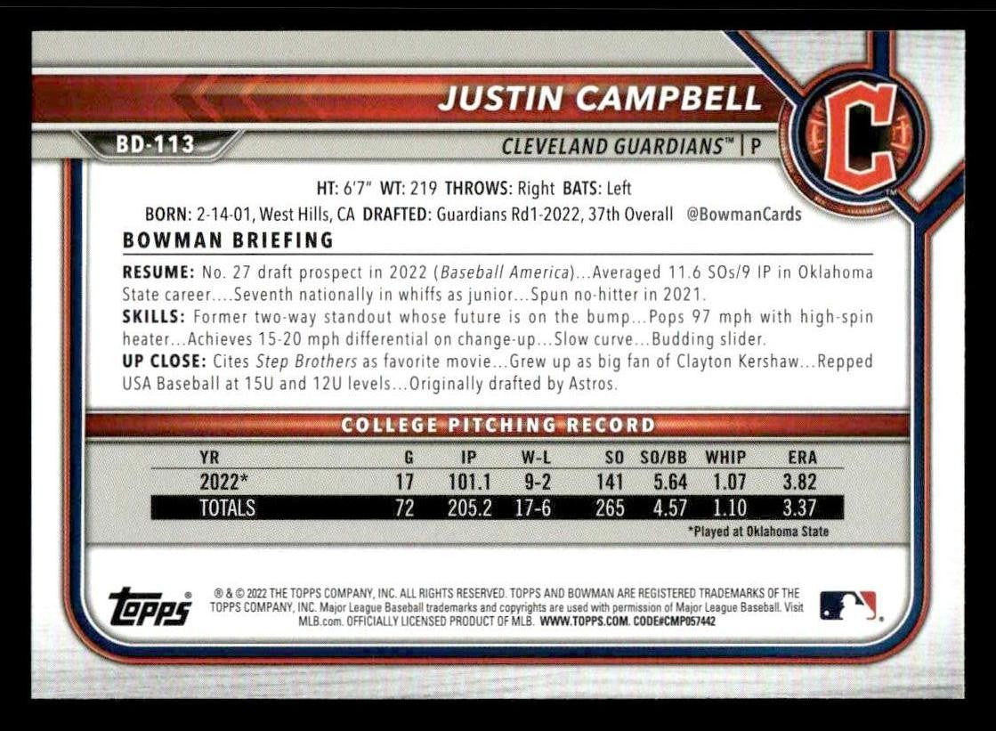 2022 Bowman Draft 1st Edition #BD-113 Justin Campbell