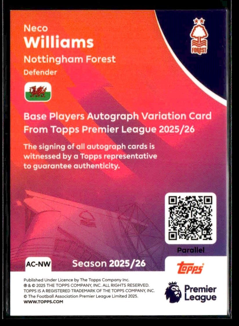 2025-26 Topps Premier League #AC-NW Neco Williams Autographs Orange Foil #19/25
