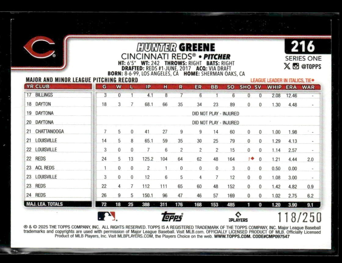 2025 Topps #216 Hunter Greene Purple Rainbow Foil #/250