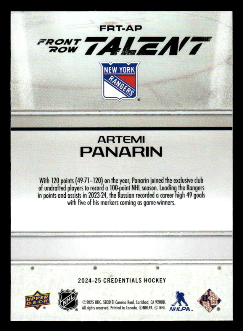 2024-25 Upper Deck Credentials #FRT-AP Artemi Panarin Front Row Talent
