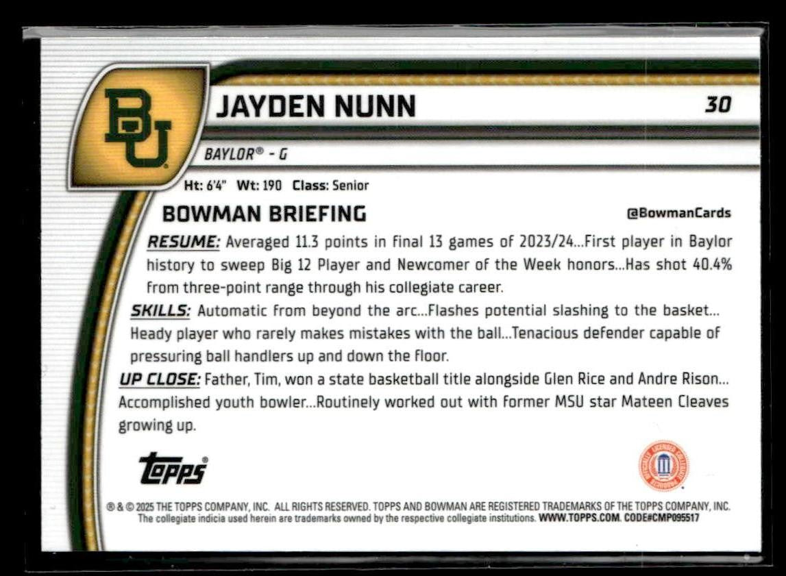 2024-25 Bowman University Chrome #30 Jayden Nunn Stealth Refractor
