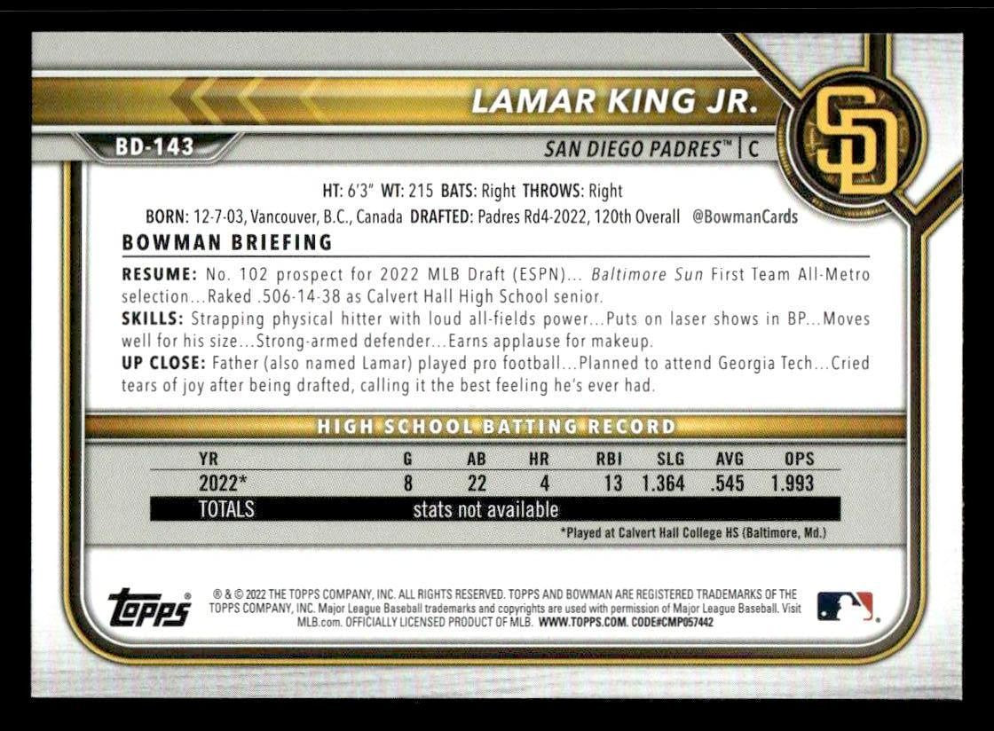 2022 Bowman Draft 1st Edition #BD-143 Lamar King Jr.
