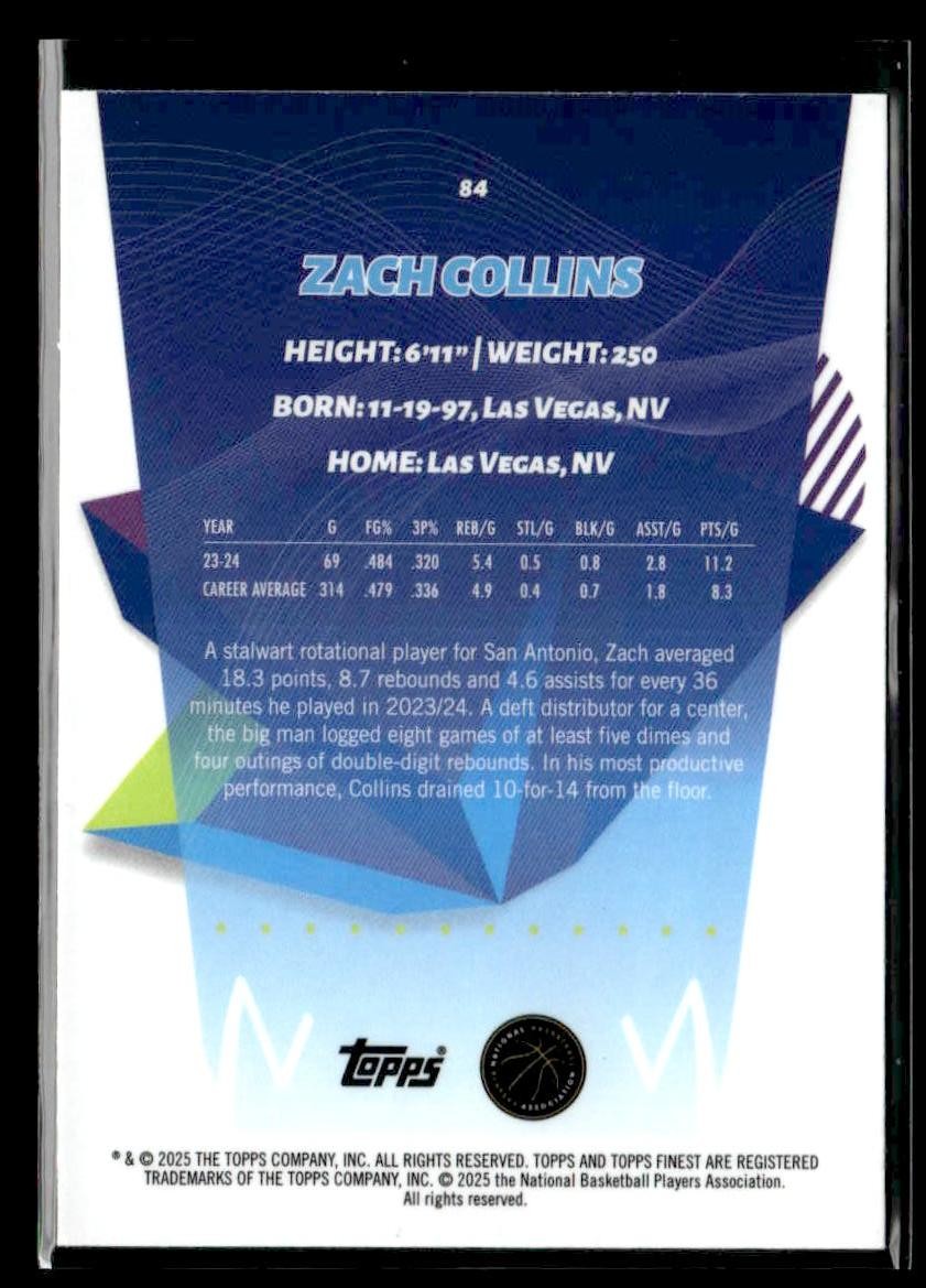 2024-25 Topps Finest #84 Zach Collins Sky Blue Refractor