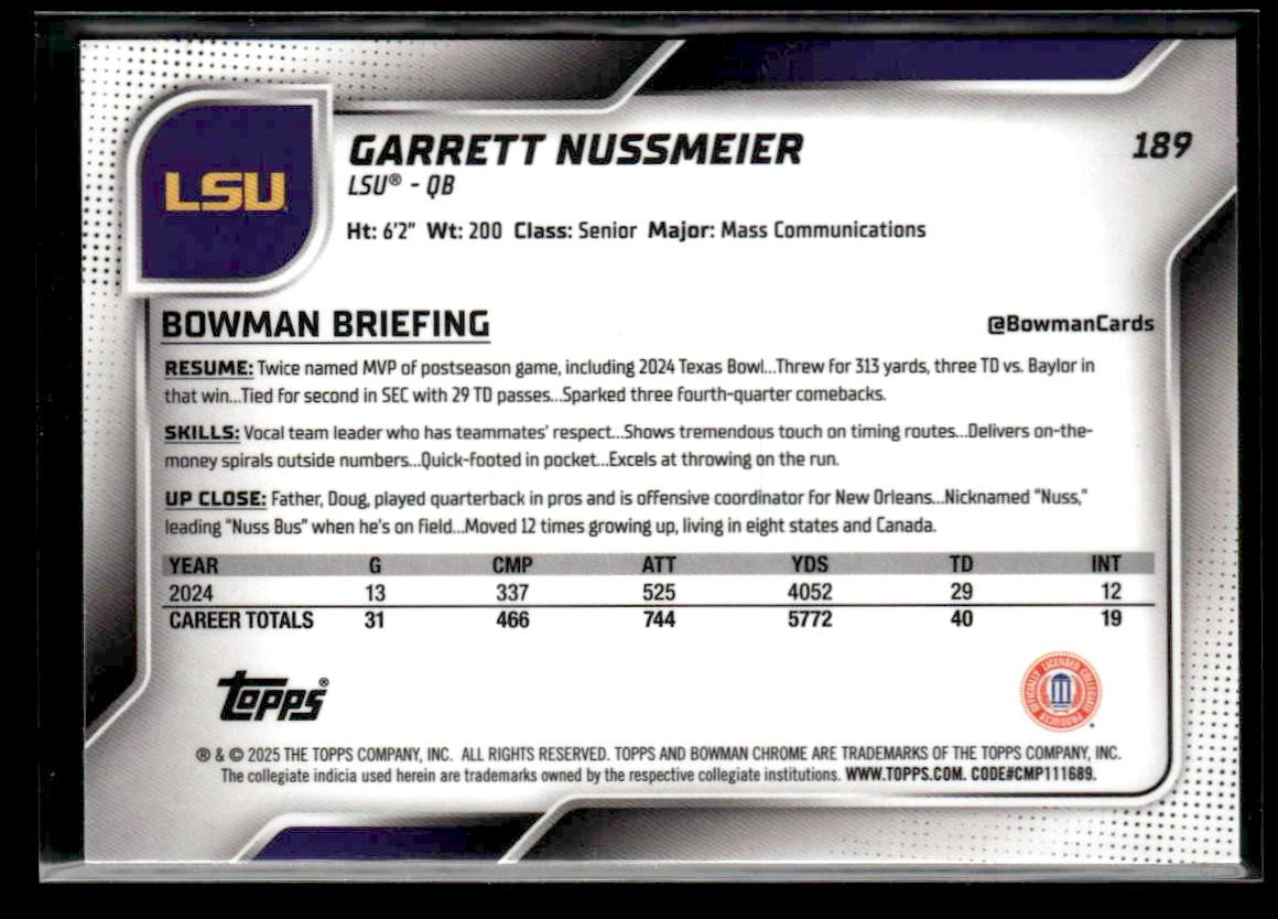 2025 Bowman University Chrome #189 Garrett Nussmeier