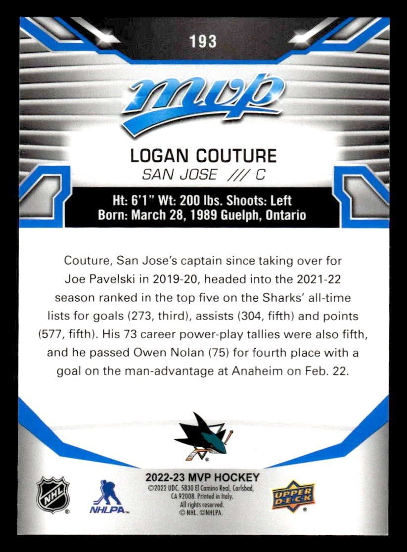 2022-23 Upper Deck MVP #193 Logan Couture Blue Script