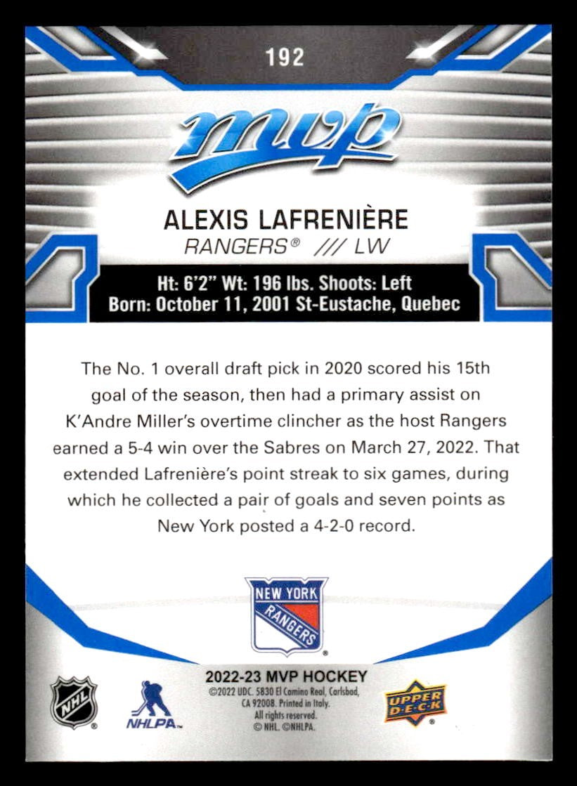 2022-23 Upper Deck MVP #192 Alexis Lafreniere Blue Script