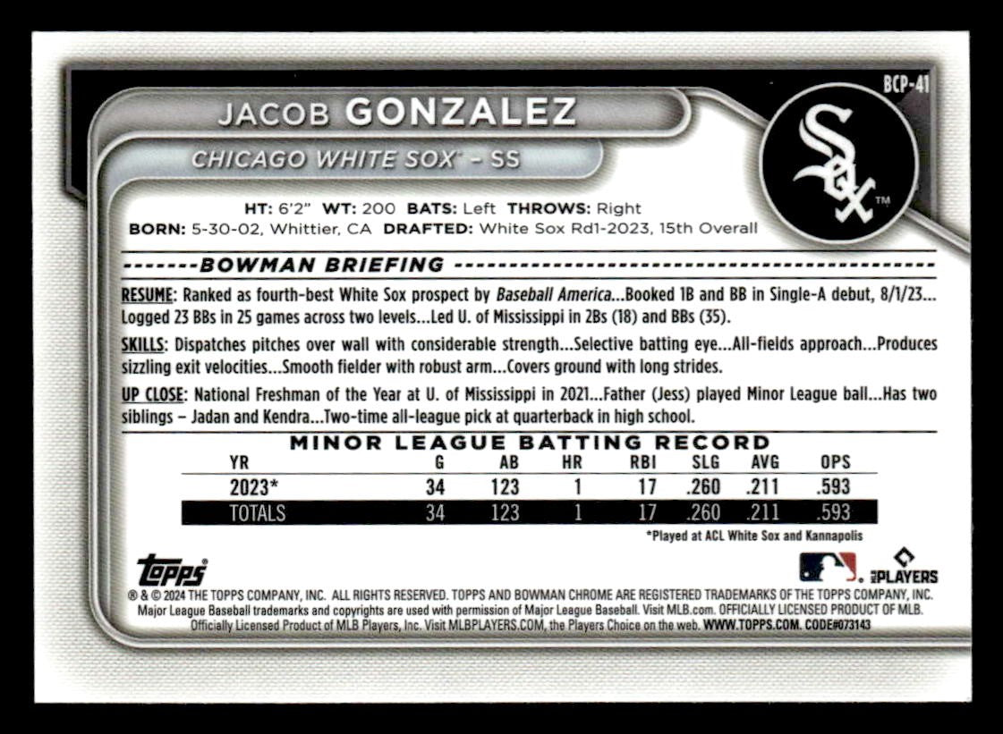 2024 Bowman #BCP-41 Jacob Gonzalez Chrome Prospects