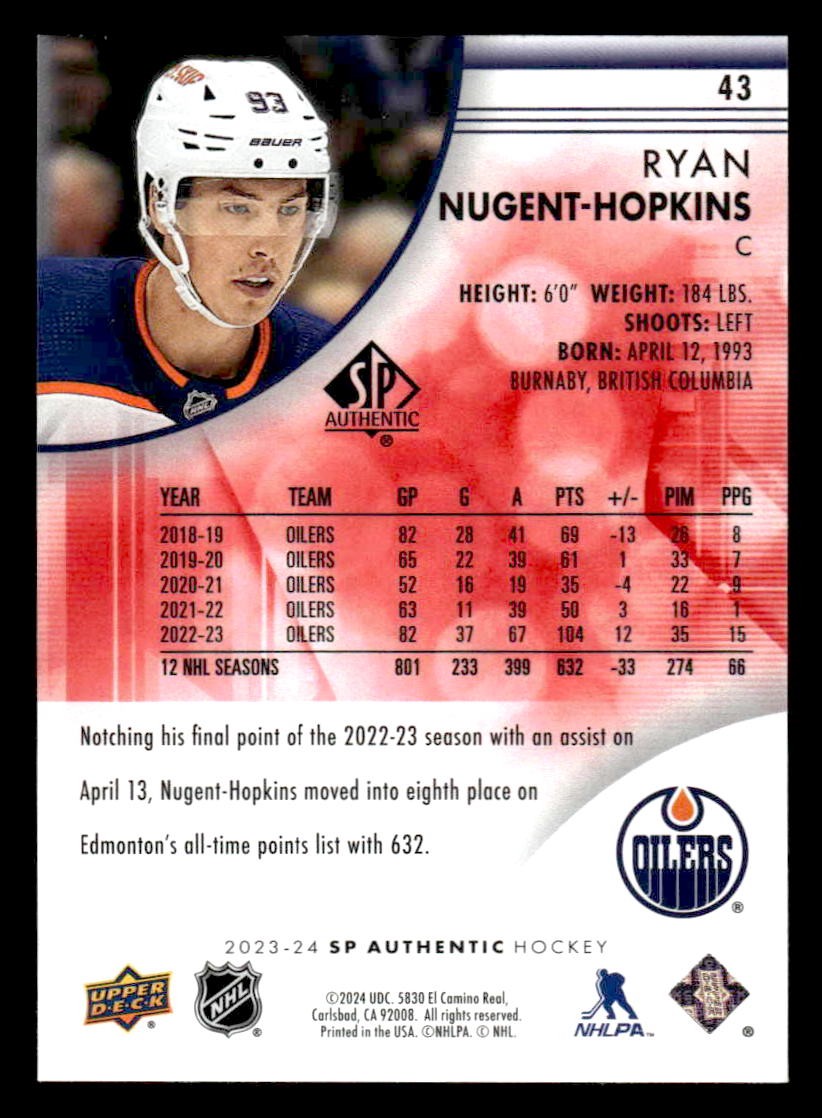2023-24 SP Authentic #43 Ryan Nugent-Hopkins Limited Red