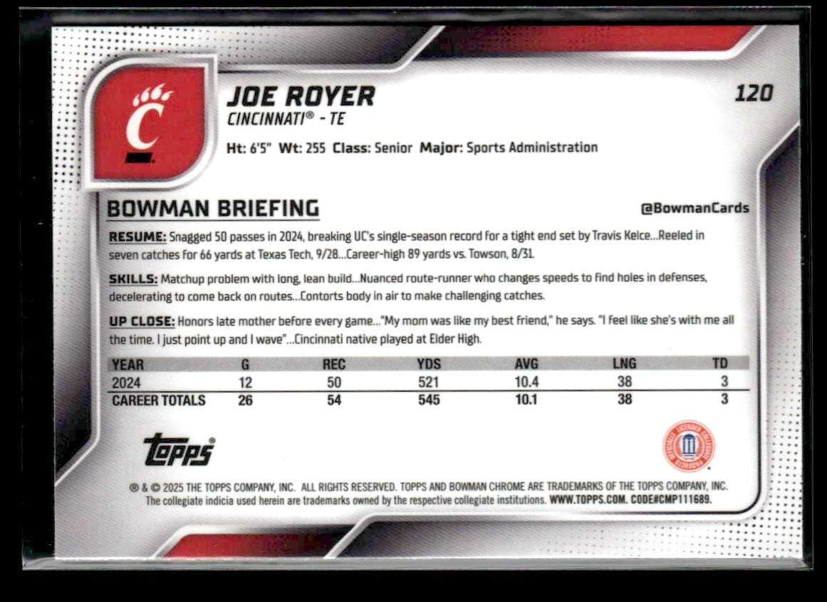 2025 Bowman University Chrome #120 Joe Royer
