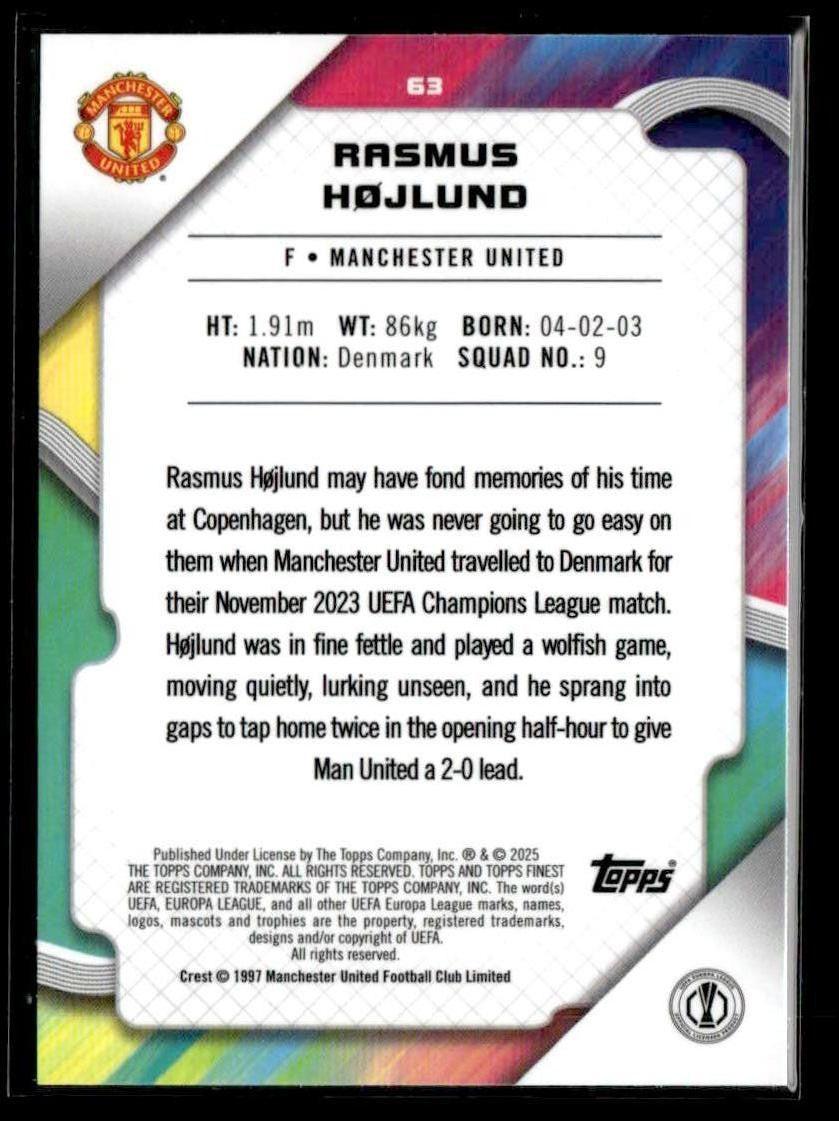 2024-25 Topps Finest UEFA Club #63 Rasmus Højlund Purple Refractor - #017/299